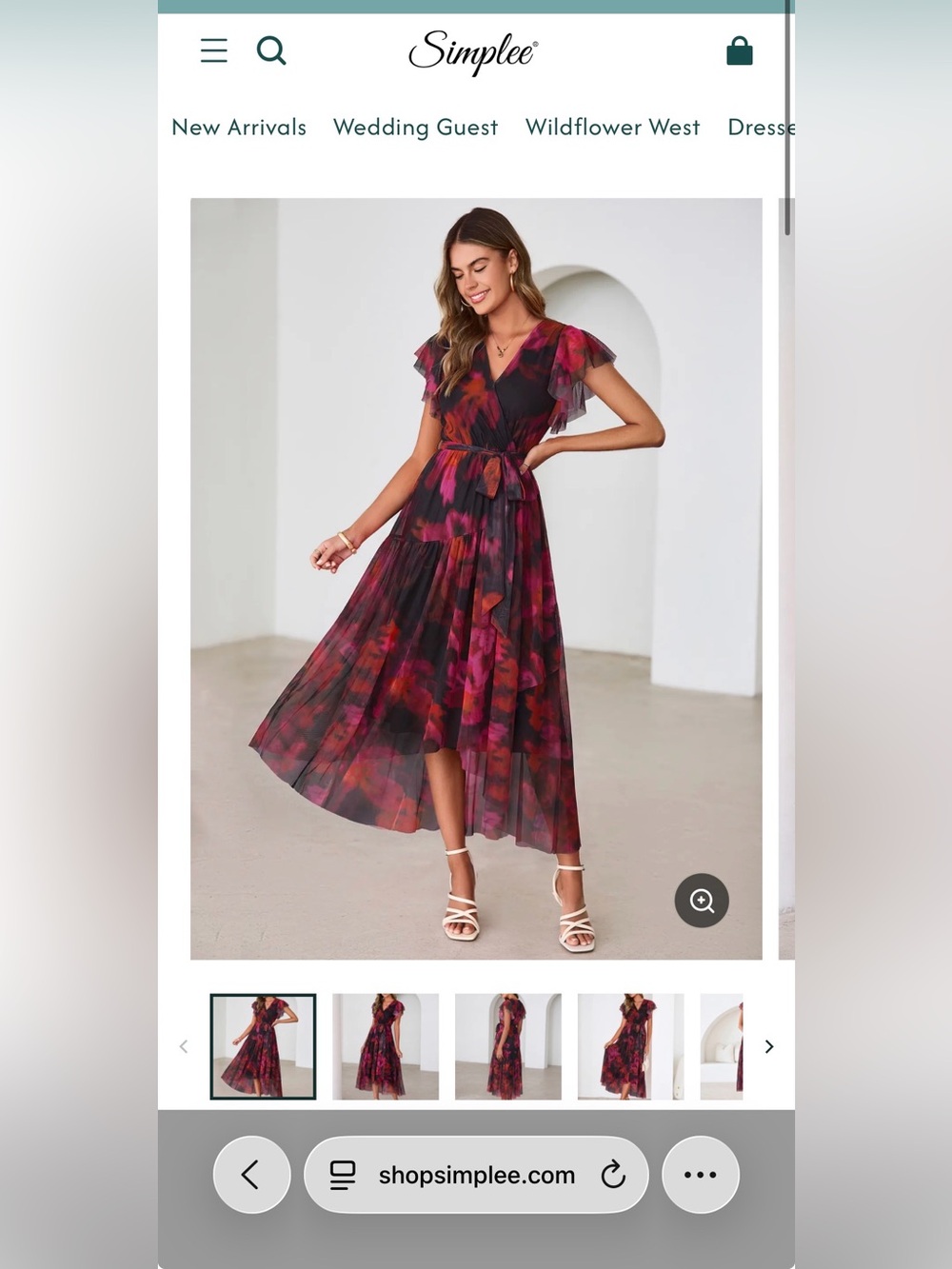 NWT Women’s Simplee Floral Midi Wrap Dress with Flutter Sleeves Size Medium